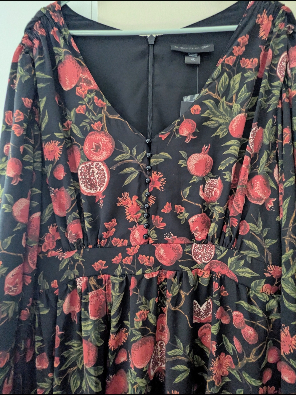 Black Floral Pomegranate Print V-Neck Midi Dress